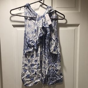 New York & Company Blue and White Paisley Top